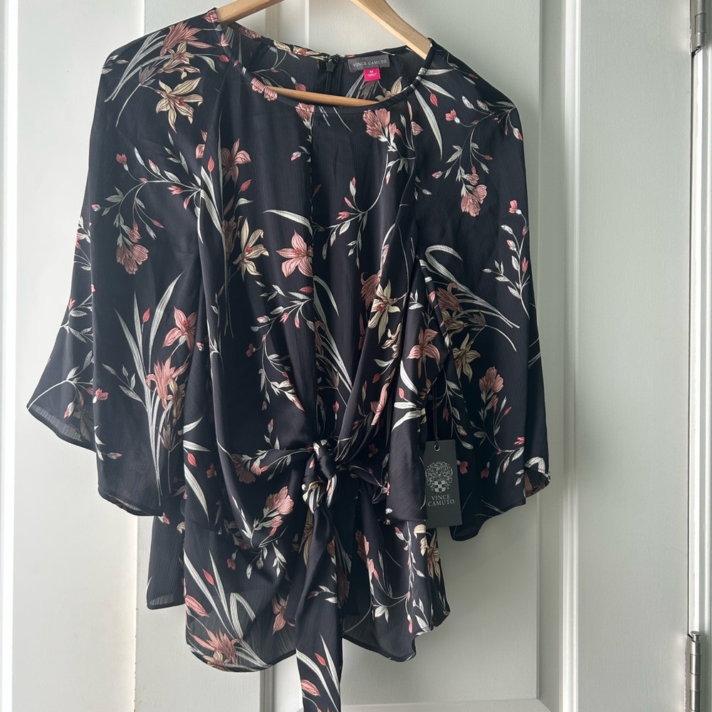 Vince Camuto Black Blouse with Pink and Cream Floral Design